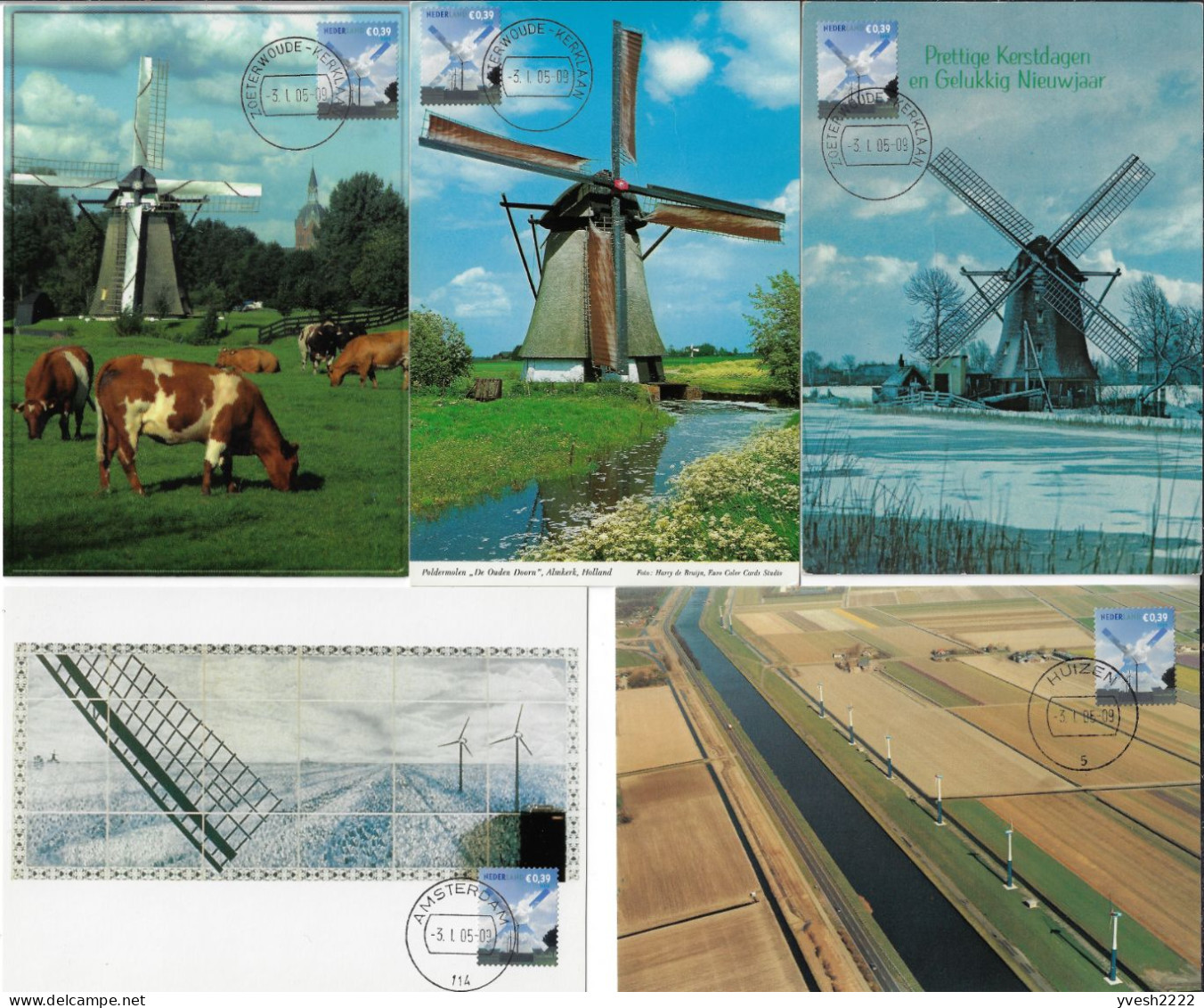 Pays-Bas 2005 Y&T 2201 Sur 5 Cartes Maximum. Moulins à Vent Et éolienne - Molens