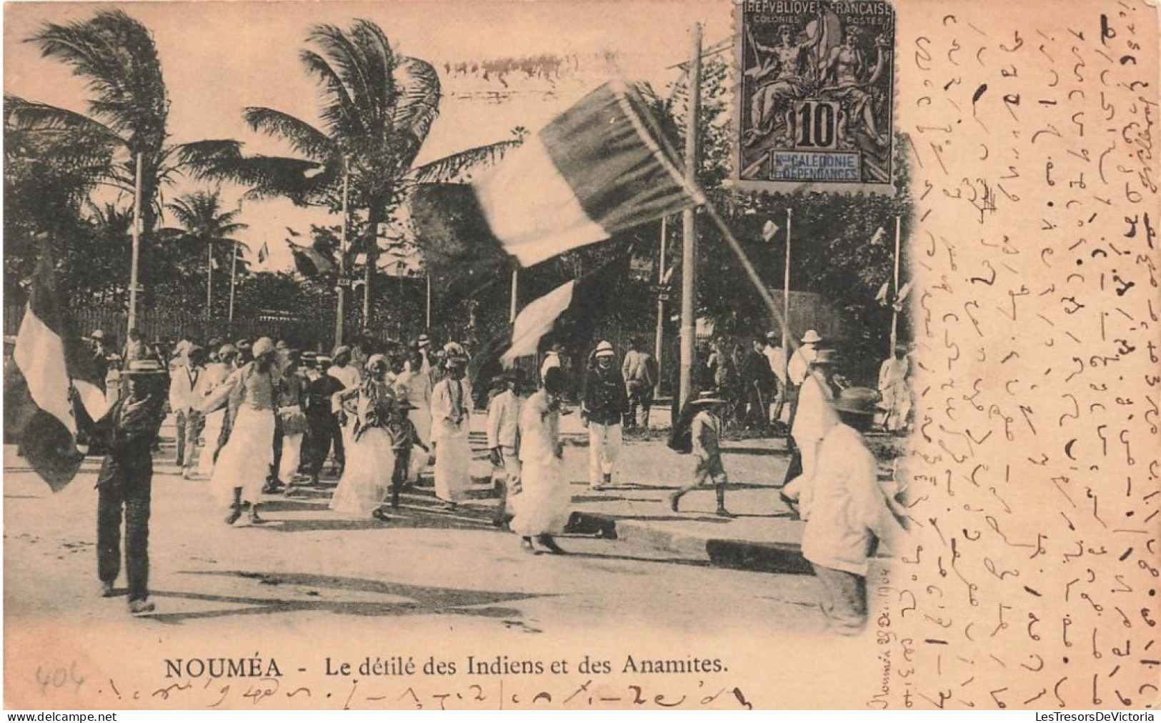 Nouvelle Calédonie - Nouméa - Le Défilé Des Indiens Et Des Anamites - Animé - Drapeau -  Carte Postale Ancienne - Nieuw-Caledonië