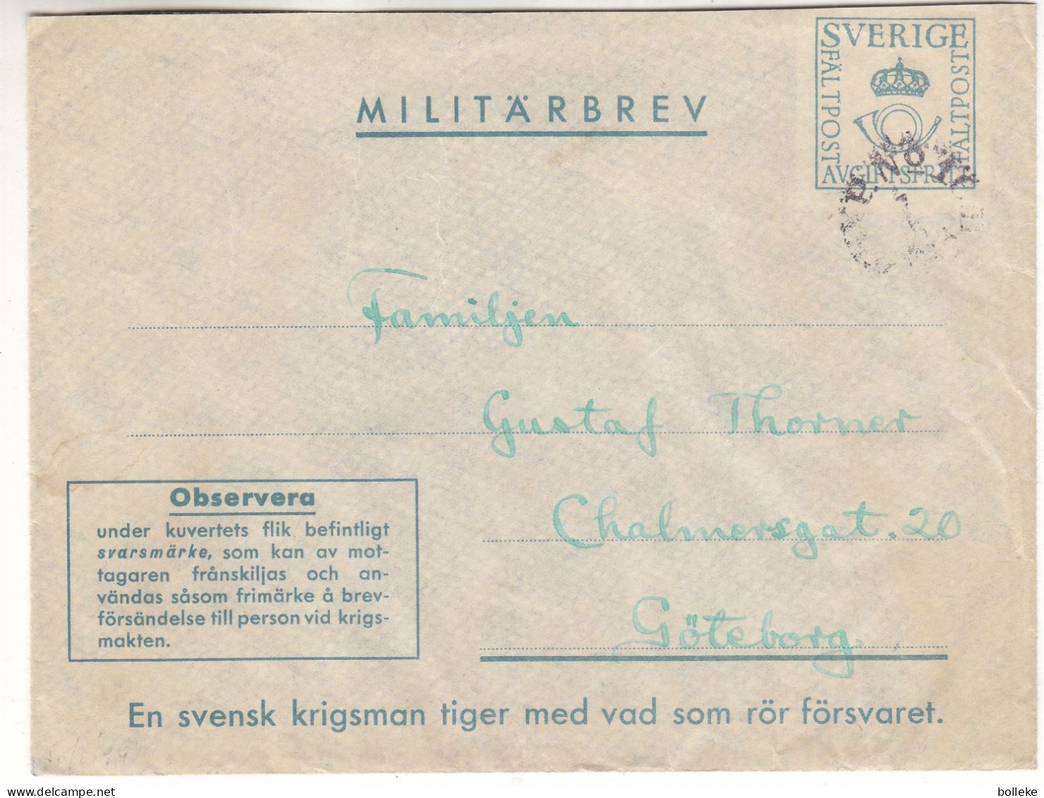 Suède - Lettre Militaire - Oblit PNO 10  ? - Exp Vers Göteborg - - Militares