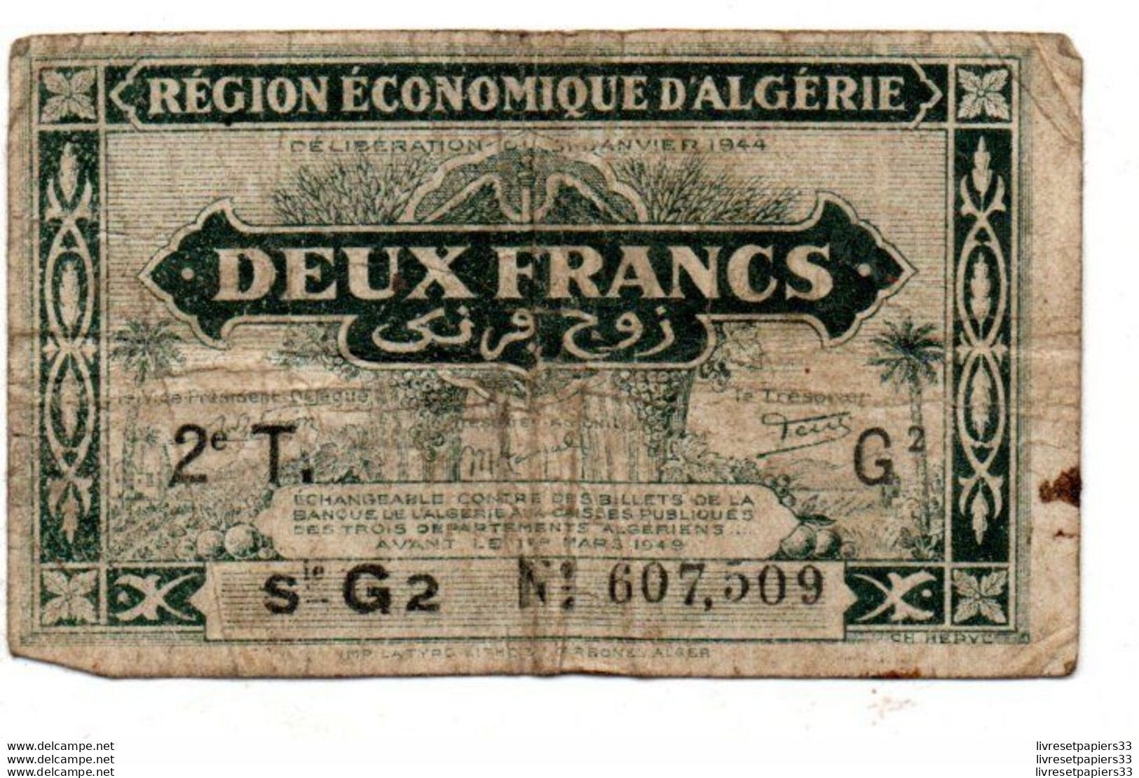 Billet 2 Francs Région économique D'Algérie (N°1) - Other - Africa