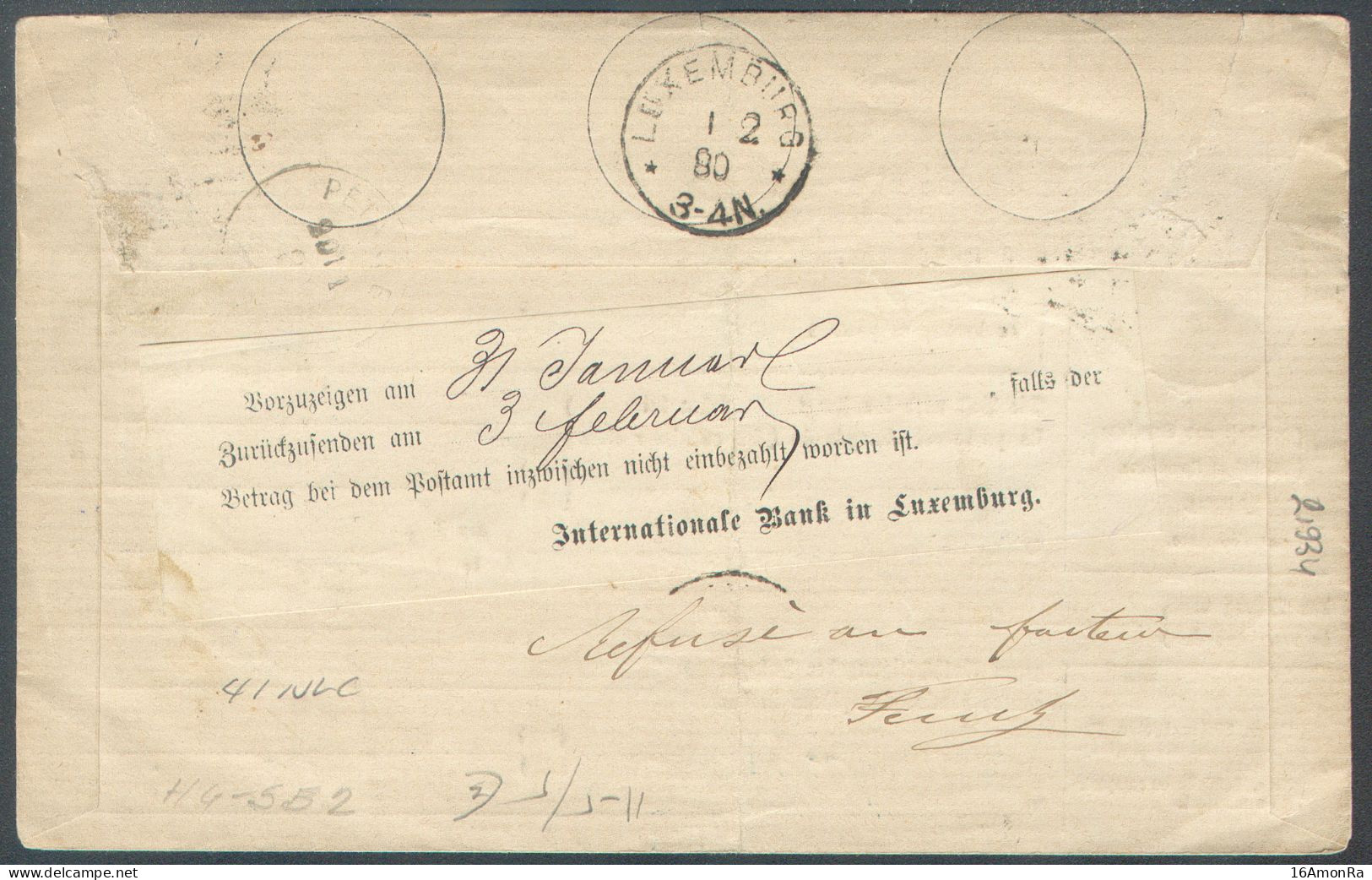 E.P. Enveloppe MANDAT D'ENCAISSEMENT Recommandé 30c. Lilas Obl. Sc LUXEMBOURG 29-I-1880  Pour 29.75 Frs à Pétange; Verso - Stamped Stationery