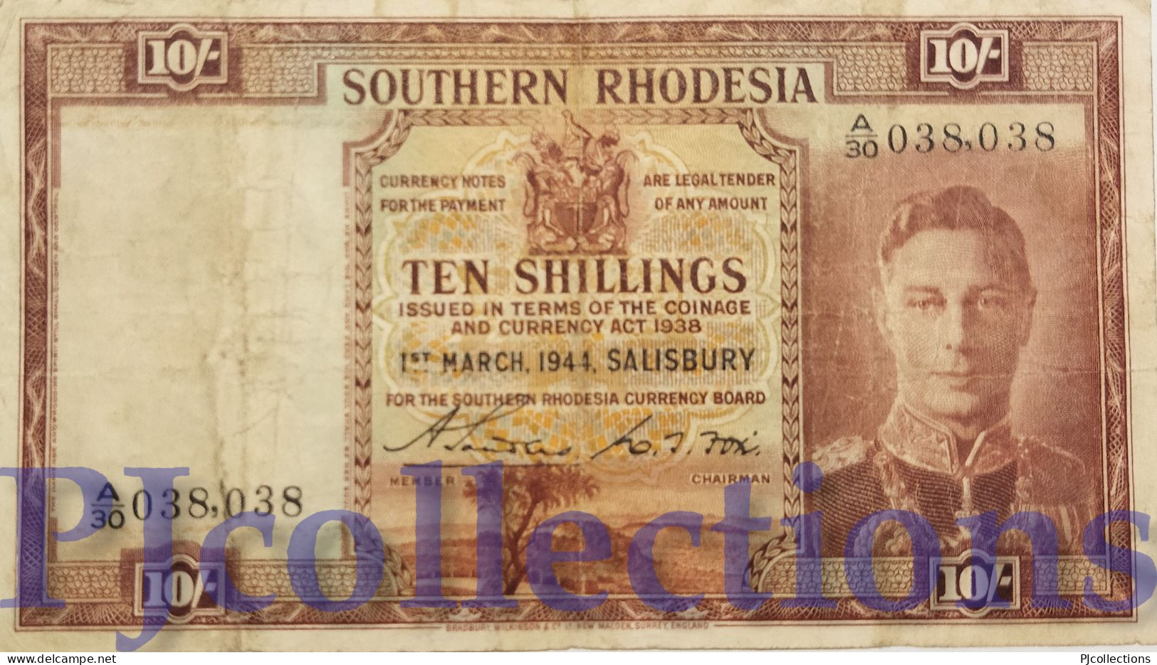 SOUTHERN RHODESIA 10 SHILLINGS 1944 PICK 9b F/VF GOOD SERIAL NUMBER A/30 038038 RARE - Rhodesië