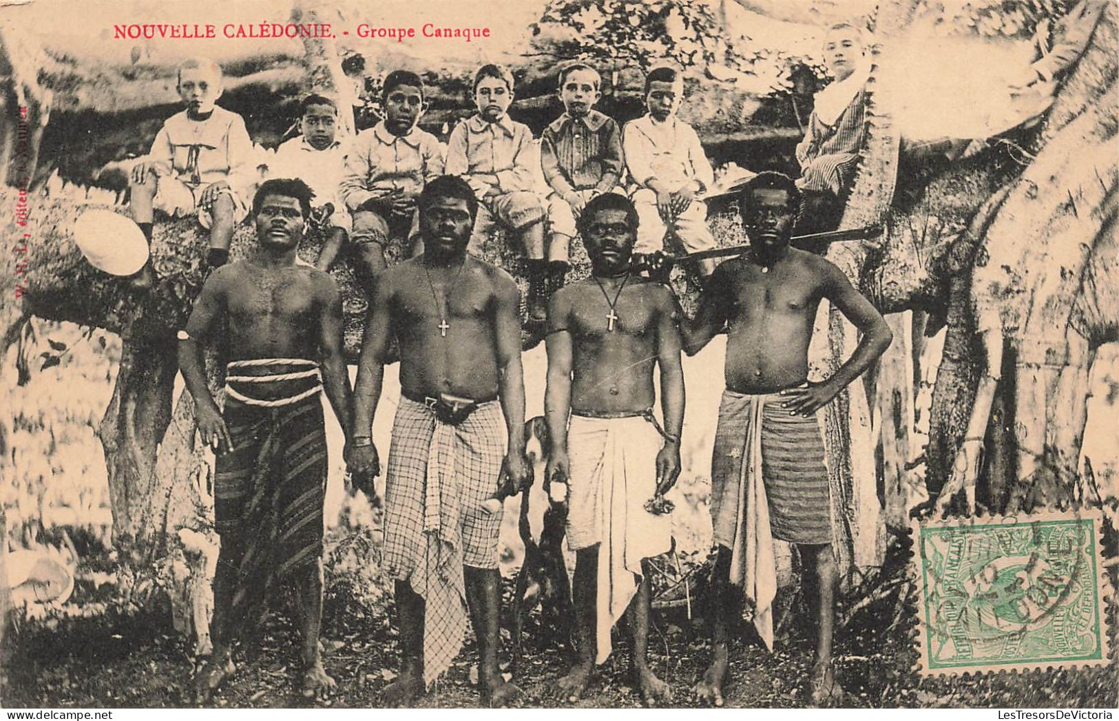 Nouvelle Calédonie - Groupe Canaque - Animé - Oblitéré 1910  -  Carte Postale Ancienne - Nieuw-Caledonië