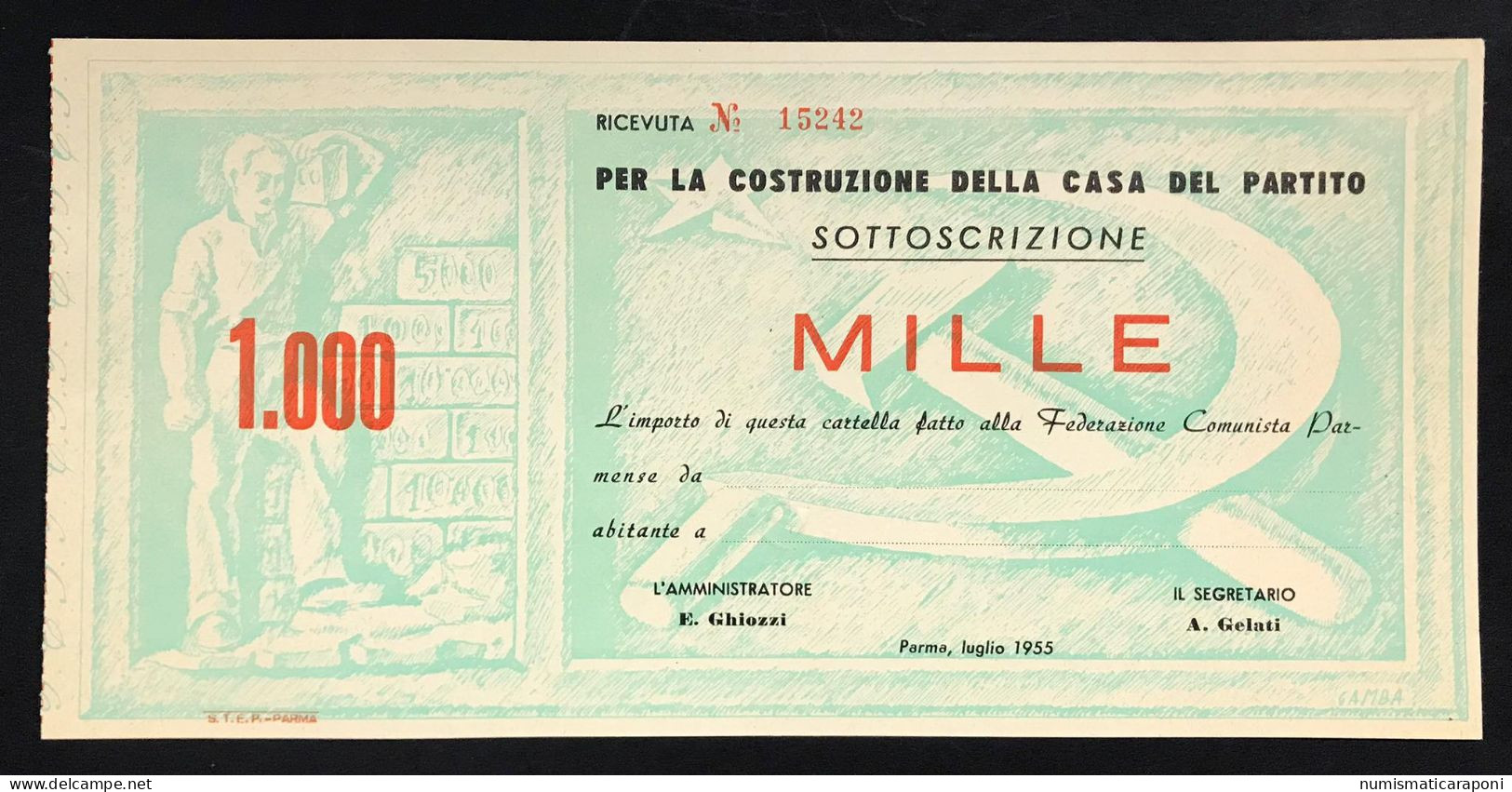 PARMA 1955 1.000 LIRE  Per La Costruzione Della Casa Del Partito LOTTO 487 - Other & Unclassified