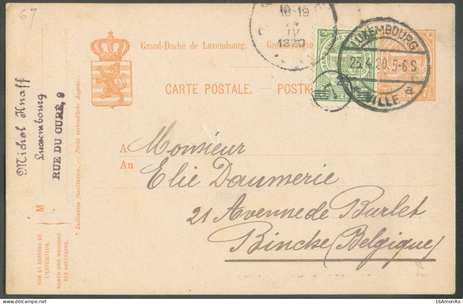 E.P. Carte Armoirie 7½ . + Tp  2½ S/5c. Obl. Dc LUXEMBOURG VILLE 23.4.1920 Vers Binche (Belgique) - 21936 - Interi Postali