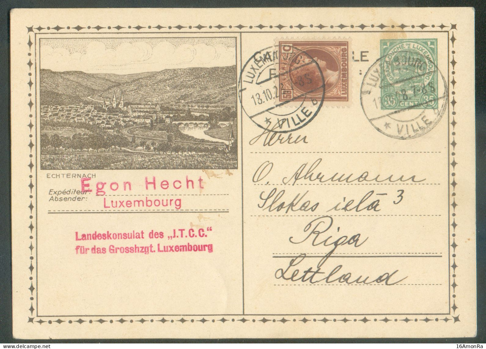 E.P. Carte Armoirie 35c. Ill. (ECHTERNACH) + Tp 50c. Josephine-Charlotte Obl. Dc LUXEMBOURG VILLE 18.10.1928 Vers Riga ( - Postwaardestukken