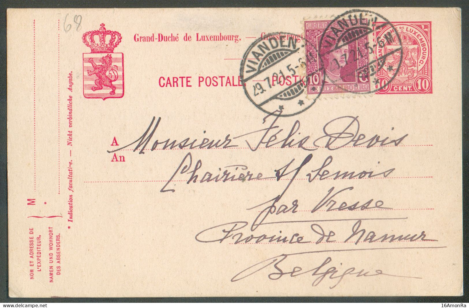 E.P. Carte Armoirie 10c . + Tp  Josephine-Charlotte 10c. . Obl. Dc VIANDEN 29.7.1921 Vers Chairière Sur Semois (Belgique - Stamped Stationery
