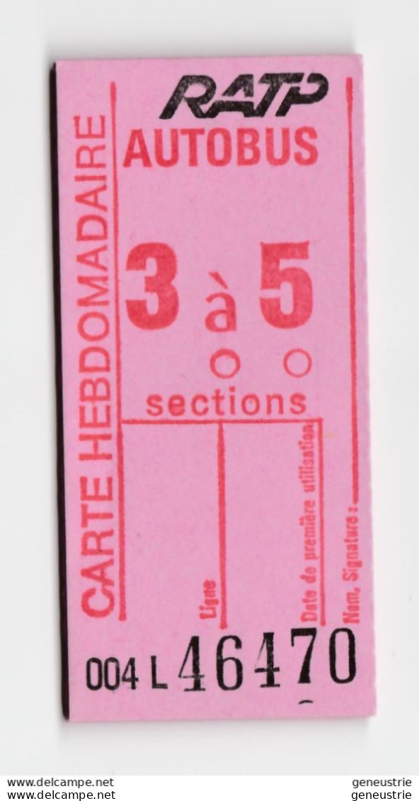 Carte Hebdomadaire Neuve De Bus RATP - Carnet Constituée De 6 Tickets (+ Talon) 3 à 5 Sections - Région Parisienne - Europe