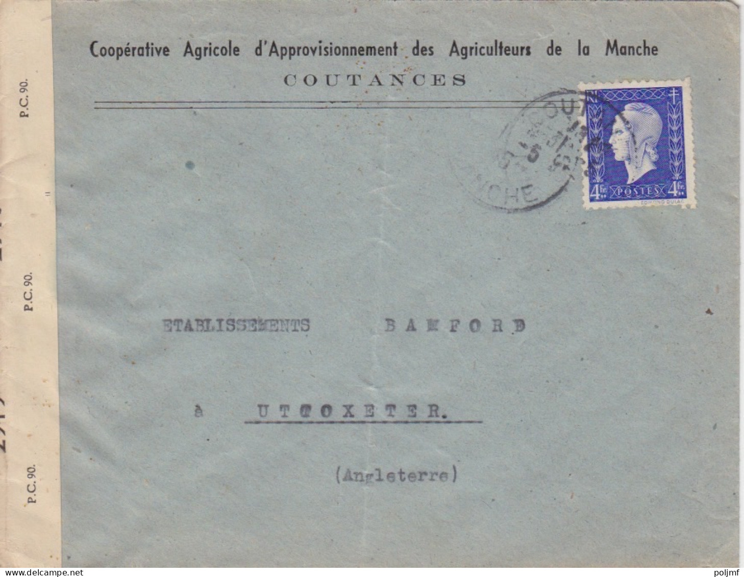 Lettre Obl. Coutances Le 31/5/45 Sur 4f Dulac N° 695 Pour L'Angleterre (tarif Du 1/2/42) + Censure Anglaise - 1944-45 Marianne Of Dulac