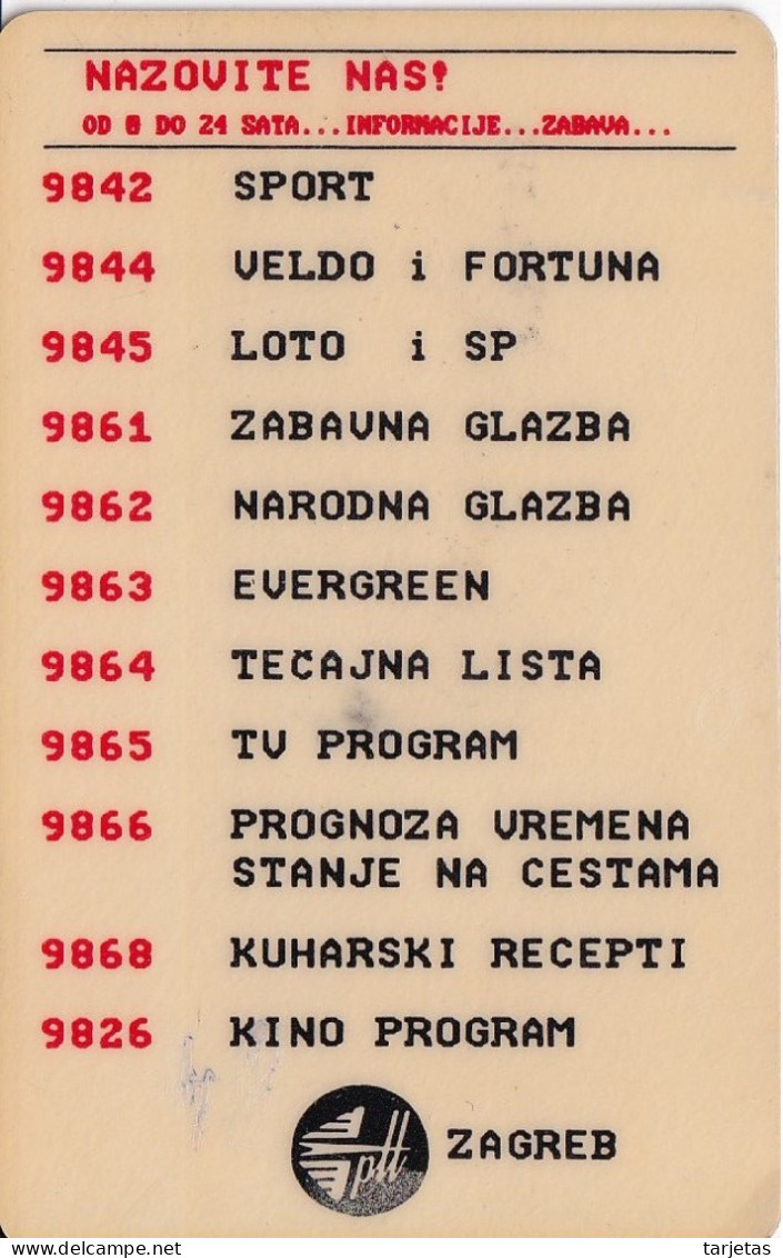 TARJETA DE YUGOSLAVIA DE 100 IMP - NAZQUITE NAS ZAGREB - Jugoslawien