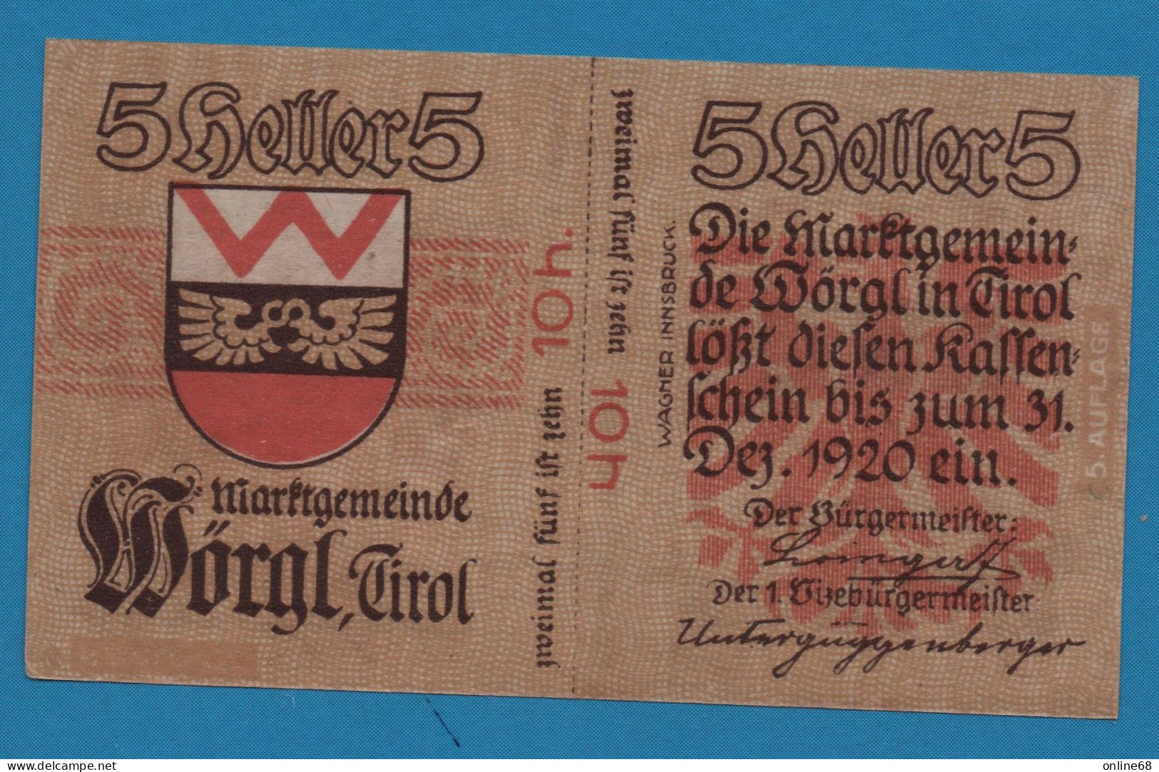 AUSTRIA Wörgl Tirol Marktgemeinde 10 HELLER No Date-31/12/1920  NOTGELD Catalog # FS 1252 - Oesterreich