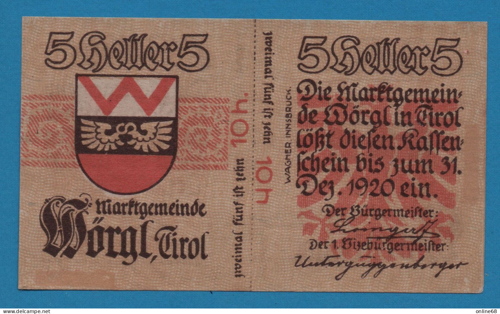 AUSTRIA Wörgl Tirol Marktgemeinde 10 HELLER No Date-31/12/1920  NOTGELD Catalog # FS 1252 - Oesterreich