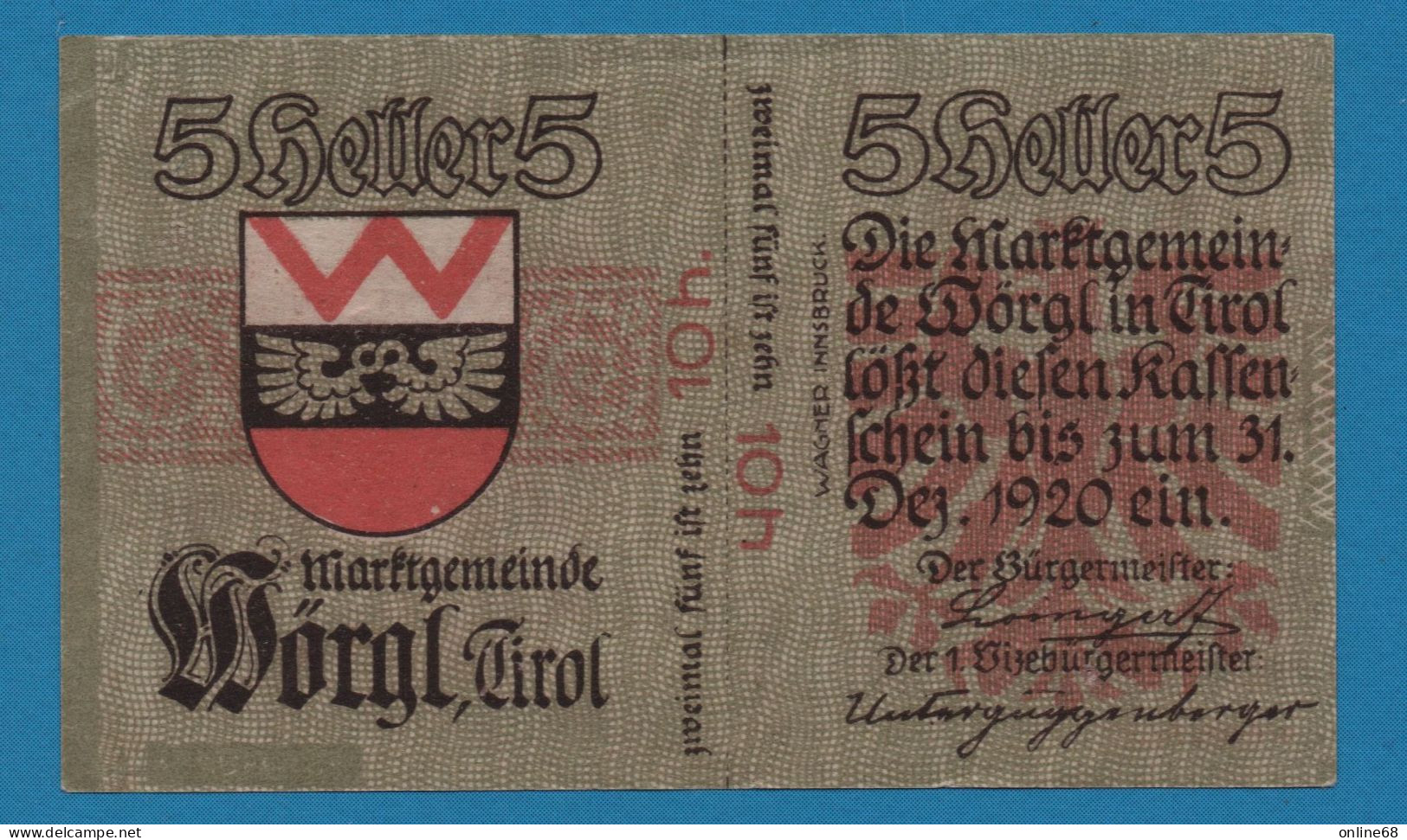 AUSTRIA Wörgl Tirol Marktgemeinde 10 HELLER No Date-31/12/1920 4. AUFLAGE NOTGELD Catalog # FS 1252 - Oesterreich