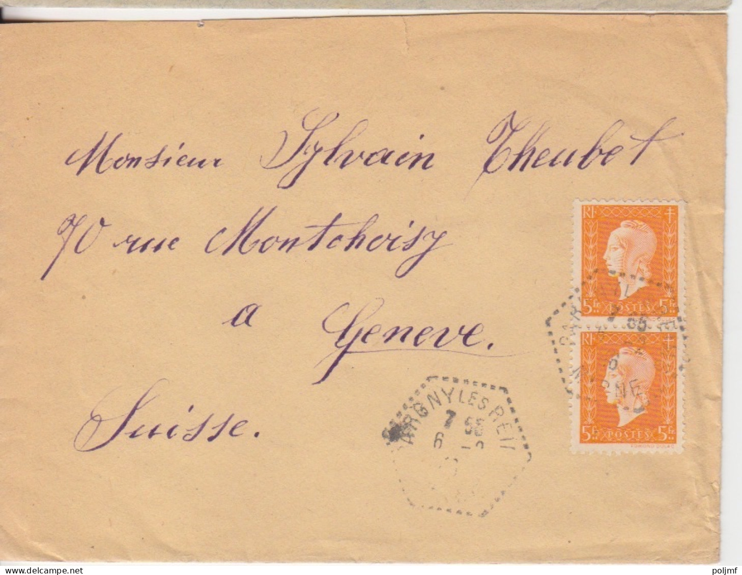 Lettre Obl. Pargny Les Reims Le 6/2/46 Sur 5f Dulac X 2 N° 697 Pour Genève (tarif Du 1/2/46) - 1944-45 Marianne Of Dulac