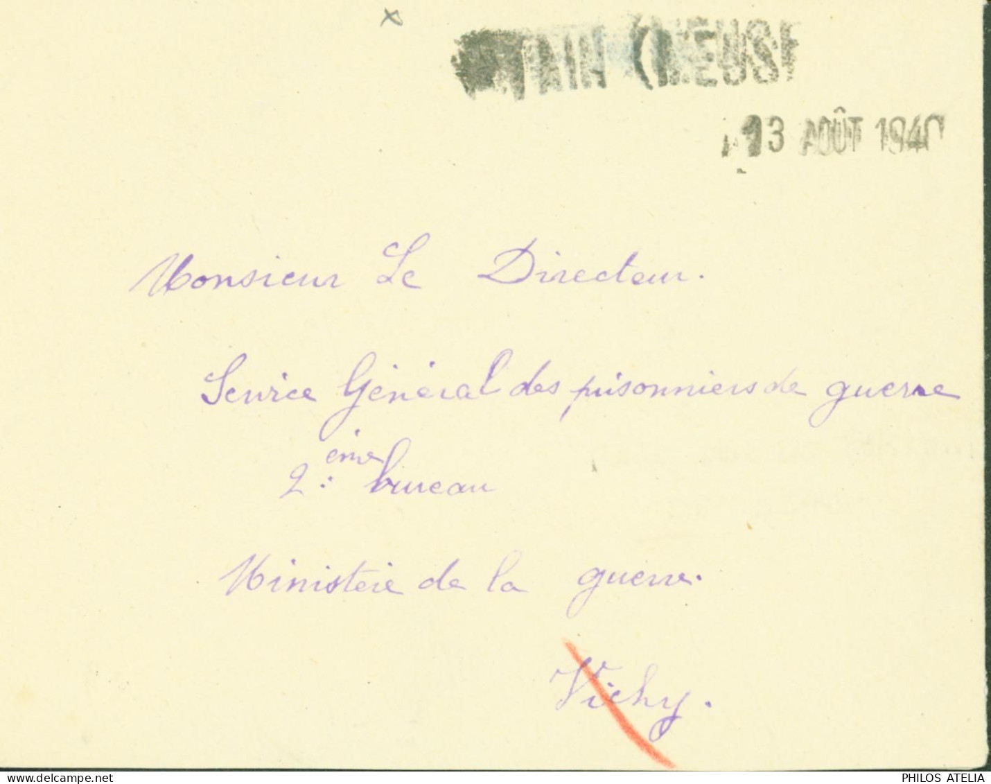 Guerre 40 Débâcle Oblitération De Fortune Sans Timbre Cachet Linéaire Etain Meuse 13 AOUT 1940 Pour Vichy - WW II