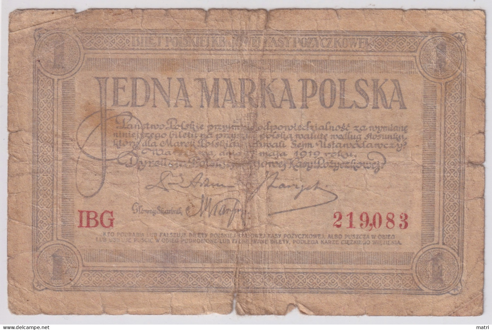 Poland 1 Mark 1919 P-19 - Pologne