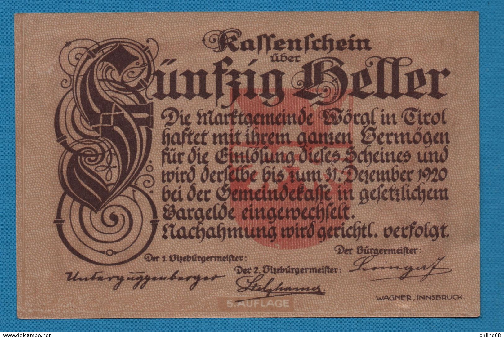 AUSTRIA Wörgl Tirol Marktgemeinde 50 HELLER No Date-31/12/1920 NOTGELD Catalog # FS 1252 - Oesterreich