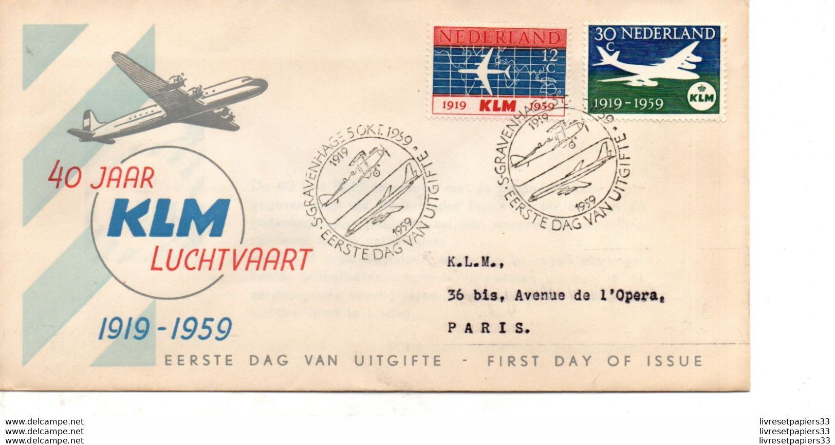 Enveloppe Timbre KLM 40 JAAR LUCHTVAART 1919-1959 - Poste Aérienne