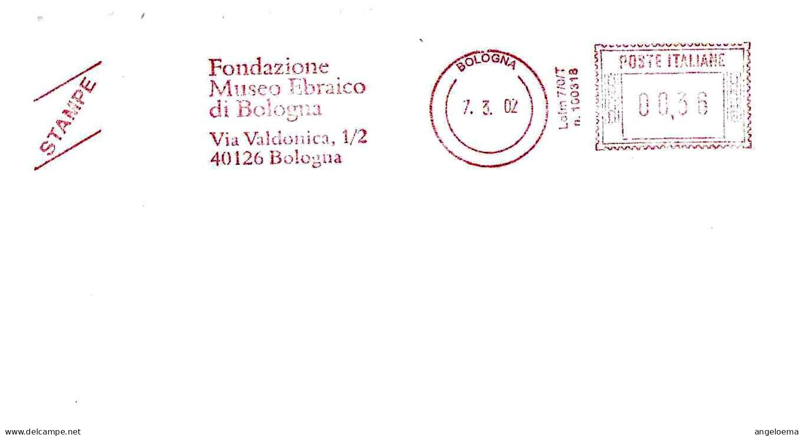 ITALIA ITALY - 2002 BOLOGNA Fondazione Museo Ebraico - Ema Affrancatura Meccanica Rossa Red Meter - 18072 - Musées