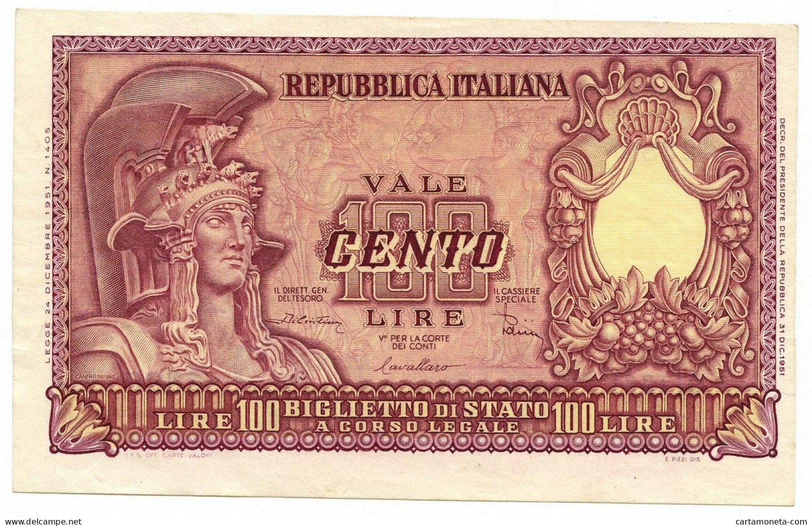 100 LIRE BIGLIETTO DI STATO ITALIA ELMATA DI CRISTINA 31/12/1951 SUP - Andere & Zonder Classificatie