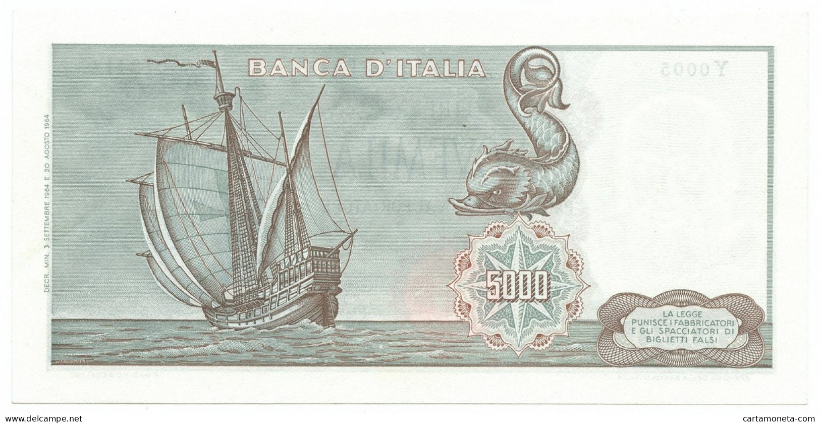 5000 LIRE CRISTOFORO COLOMBO I TIPO MEDUSA 03/09/1964 SUP+ - Sonstige & Ohne Zuordnung