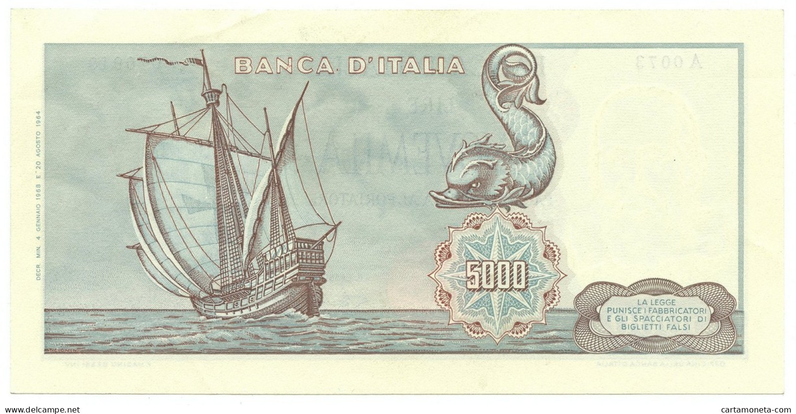 5000 LIRE CRISTOFORO COLOMBO I TIPO MEDUSA 04/01/1968 SUP+ - Sonstige & Ohne Zuordnung