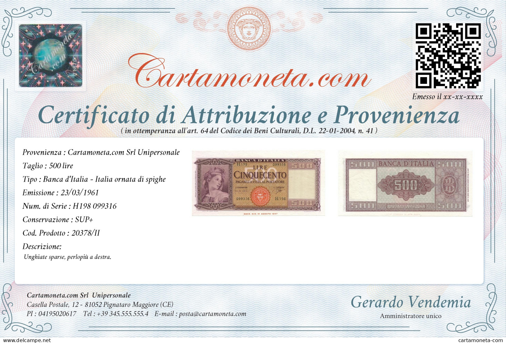 500 LIRE ITALIA ORNATA DI SPIGHE MEDUSA 23/03/1961 SUP+ - Andere & Zonder Classificatie