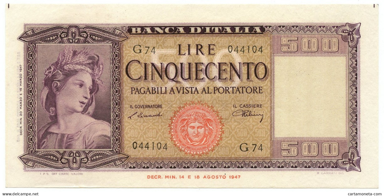 500 LIRE ITALIA ORNATA DI SPIGHE MEDUSA 20/03/1947 SPL/SPL+ - Autres & Non Classés