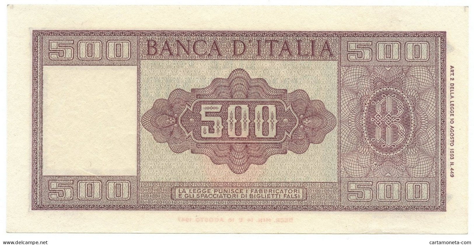 500 LIRE ITALIA ORNATA DI SPIGHE MEDUSA 20/03/1947 SPL/SPL+ - Autres & Non Classés