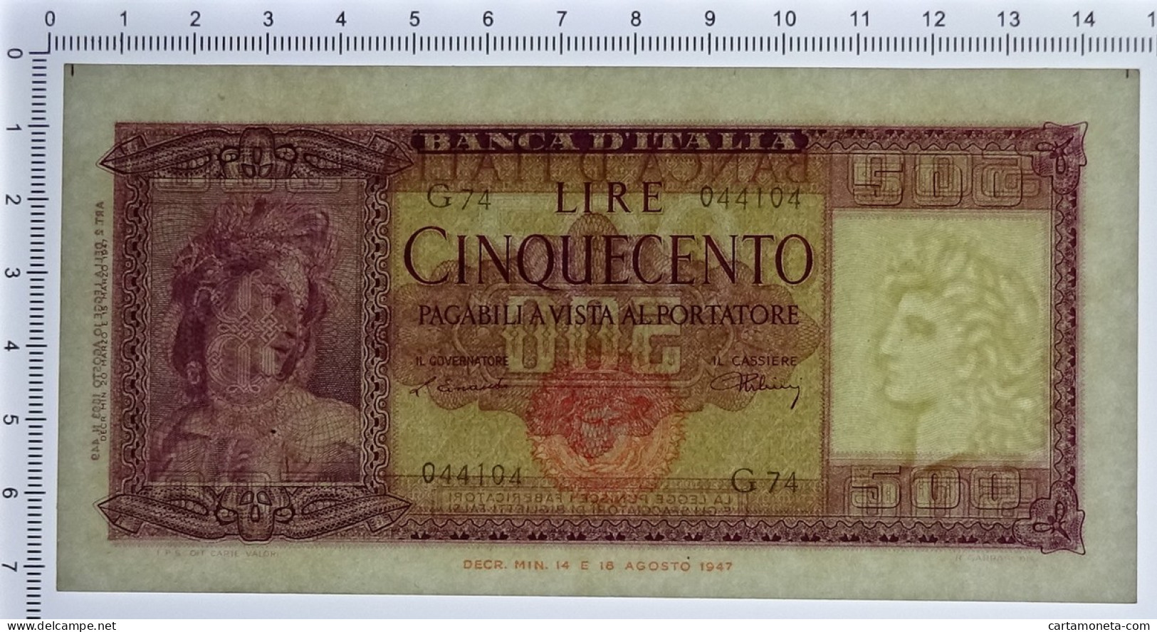 500 LIRE ITALIA ORNATA DI SPIGHE MEDUSA 20/03/1947 SPL/SPL+ - Autres & Non Classés