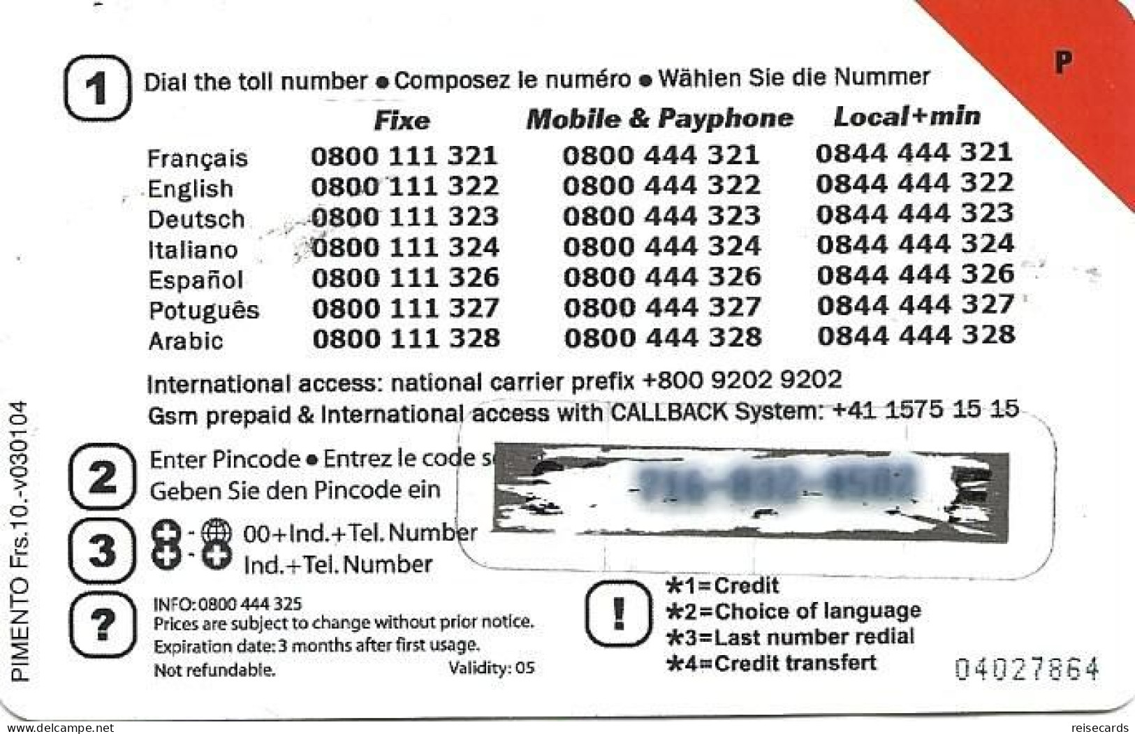 Switzerland: Prepaid Phonexion - Pimento Card - Svizzera