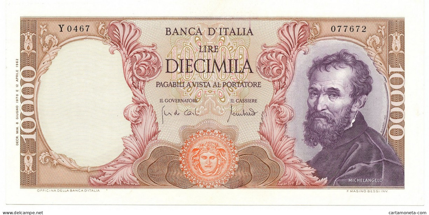 10000 LIRE BANCA D'ITALIA MICHELANGELO MEDUSA 08/06/1970 SUP - Sonstige & Ohne Zuordnung