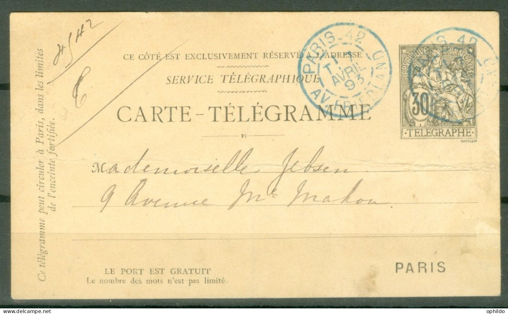 Entier Chaplain  30 C Carte Télégramme  Paris 42 Av Friedland Avril 1893  - Telegraaf-en Telefoonzegels