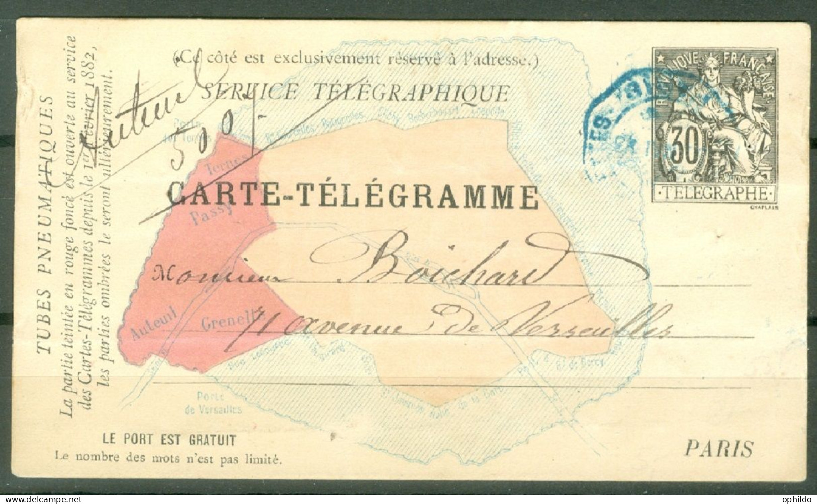 Entier Chaplain  30 C Carte Télégramme Avec Plan De Paris   - Telegraaf-en Telefoonzegels