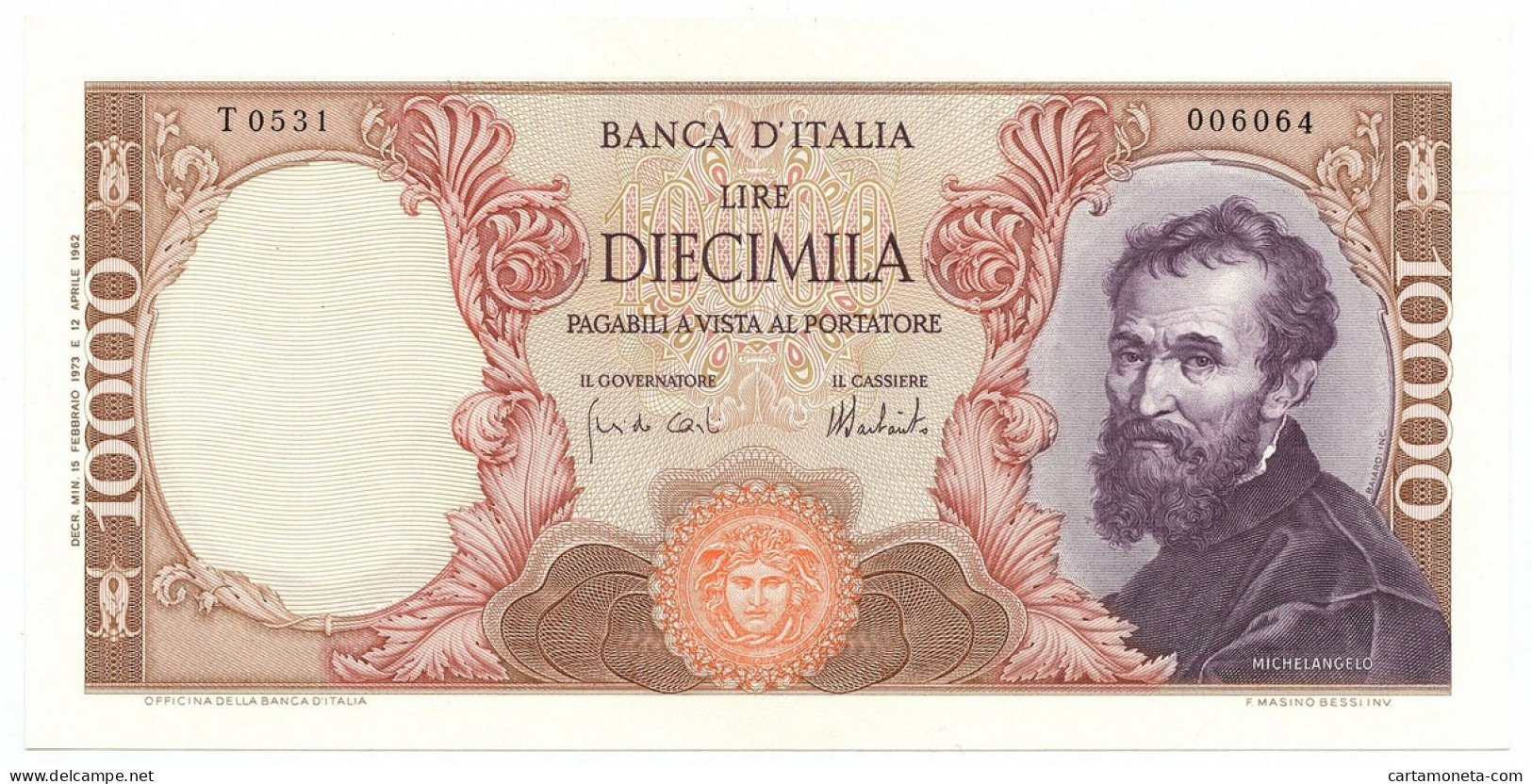 10000 LIRE BANCA D'ITALIA MICHELANGELO MEDUSA 15/02/1973 SUP - Andere & Zonder Classificatie