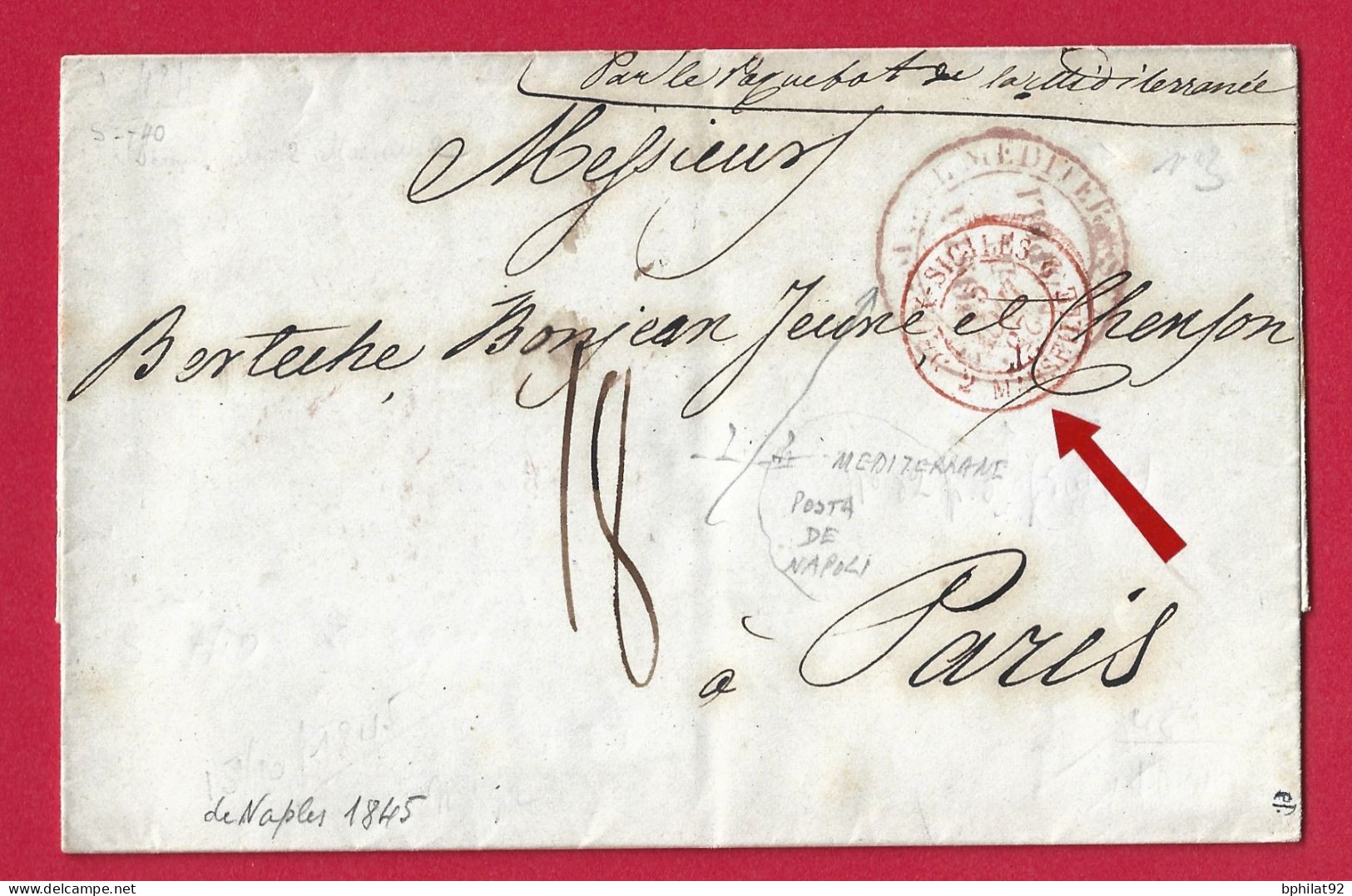 !!! MARQUE D'ENTRÉE DEUX SICILES PAR MARSEILLE, LETTRE DE NAPLES POUR PARIS, PAR PAQUEBOT DE LA MÉDITERRANE, DE 1845 - Neapel