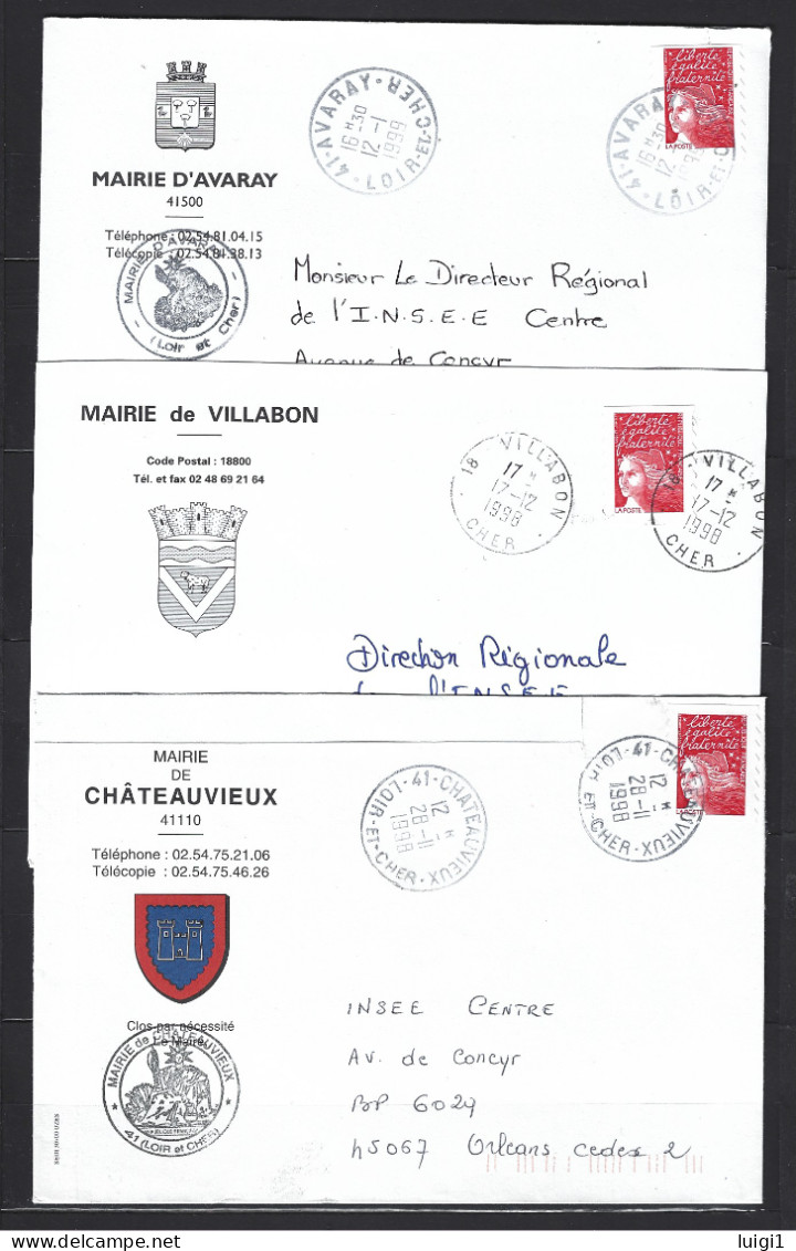 FRANCE 1997 - LUQUET  LA POSTE - Lot 3 Enveloppes De MAIRIES, Affranchies Avec Y&T N° 3085 TVP Rouge. Oblitérées. TB. - 1997-2004 Marianna Del 14 Luglio