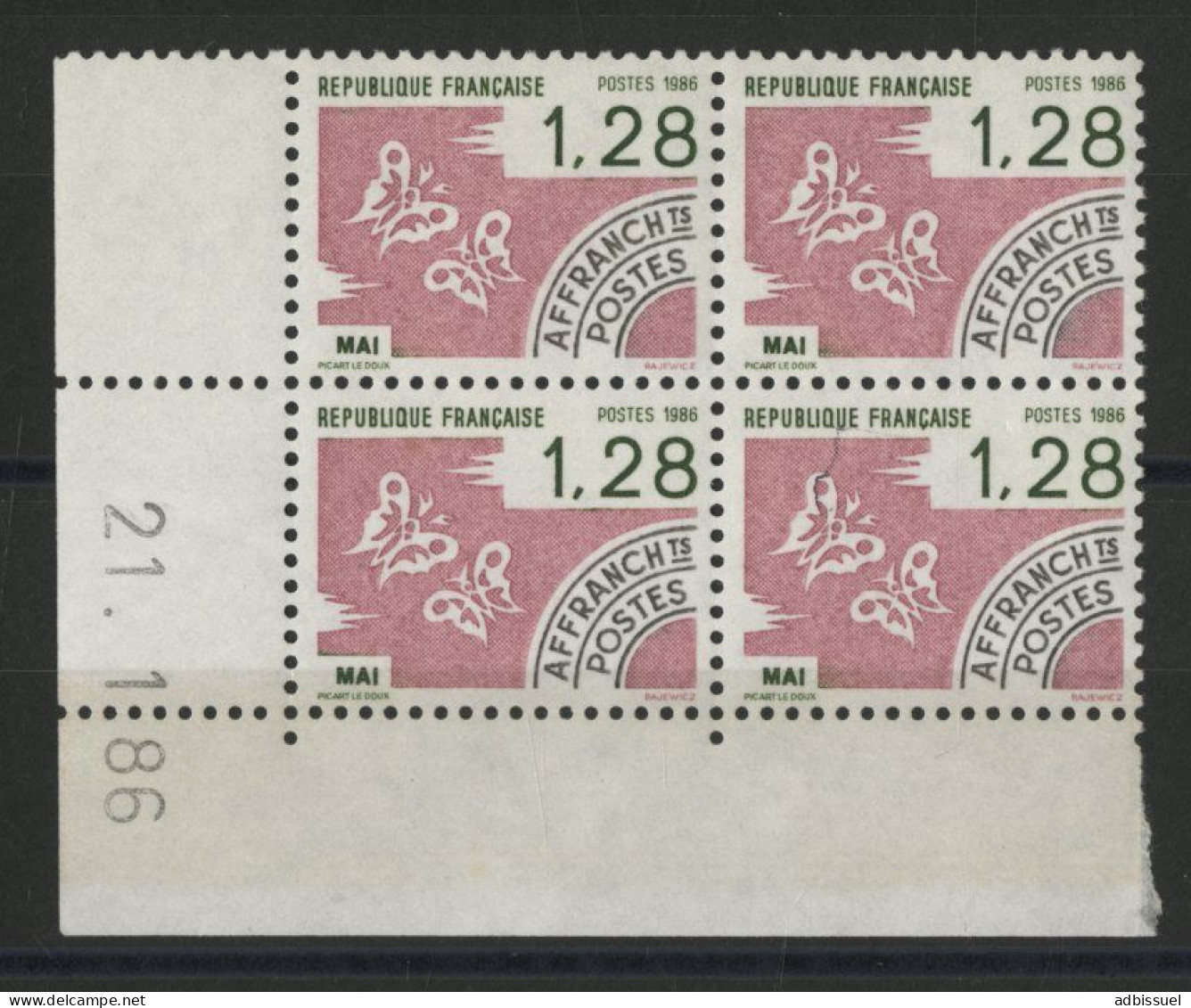 N° 190 PREOBLITERES Bloc De 4 Neuf ** (MNH) Coin Daté Du 21/1/86 - Voorafgestempeld