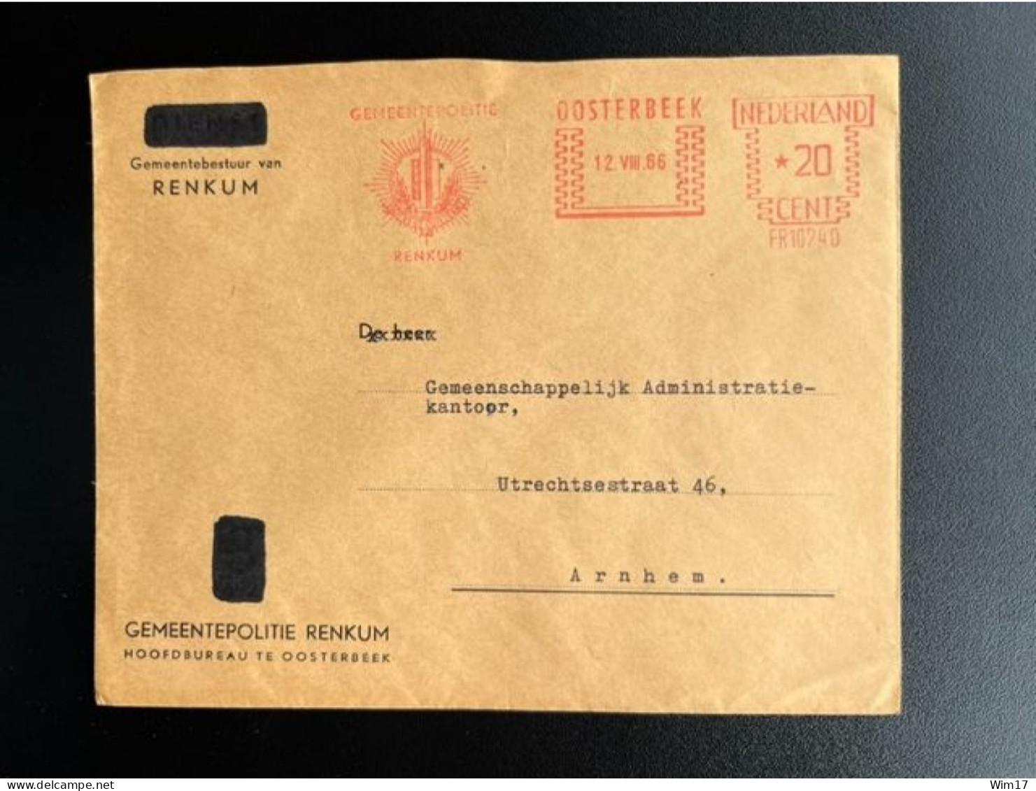 NETHERLANDS 1966 LETTER OOSTERBEEK TO ARNHEM 12-08-1966 NEDERLAND GEMEENTE RENKUM - Brieven En Documenten