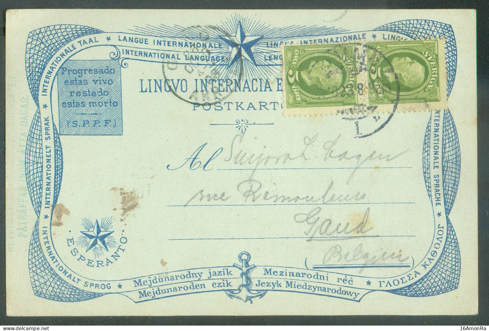 SWEDEN 5öre (x2) Obl. Dc MALMOE On Illustrated PC Lingvo Internacia ESPERANTO 23-10-1923 To Gand (Belgium) Chck Backside - Esperánto