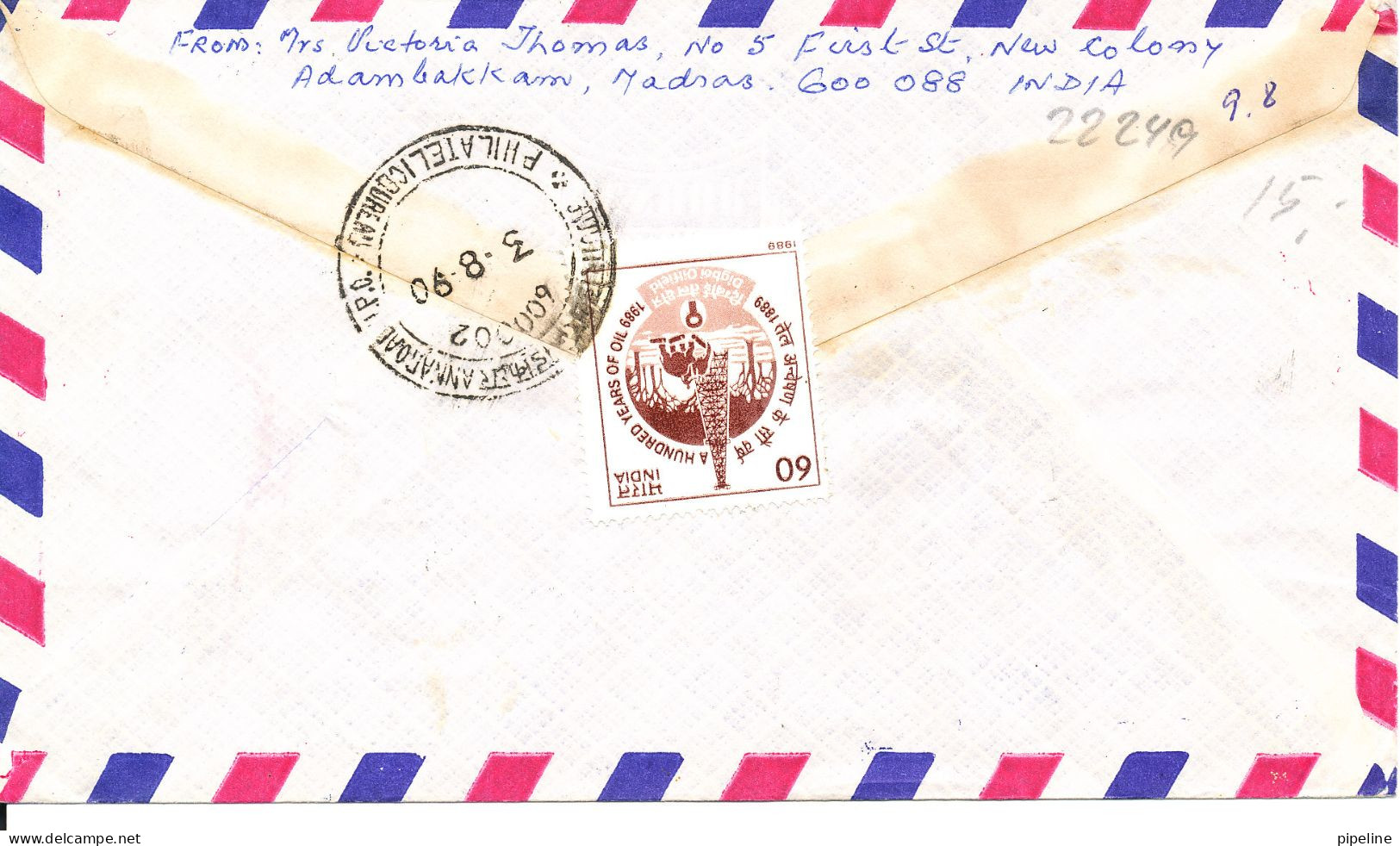 India Air Mail Cover Sent To Denmark 3-8-1990 Topic Stamps - Airmail