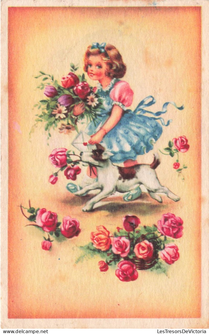ENFANT - Fillette Courant Avec Son Chien -bouquet De Fleurs - Carte Postale Ancienne - Autres & Non Classés