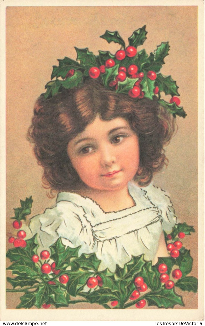 ENFANT- Fillette Avec Du Houx Dans Les Cheveux - Robe Blanche - Carte Postale Ancienne - Autres & Non Classés