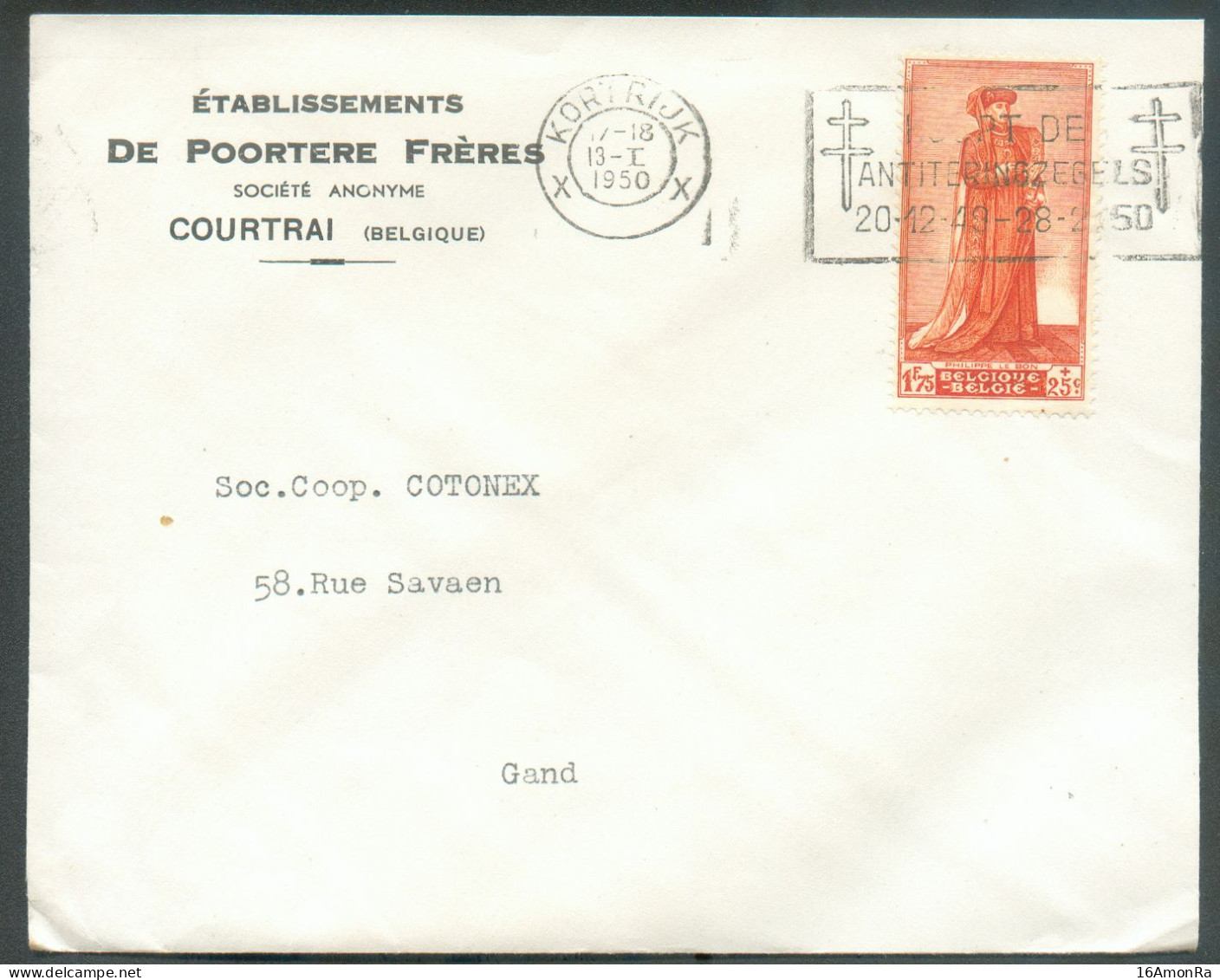 N°818 - 1Fr.75 . SENAT (Philippe LE BON)  Obl. Dc KORTRIJK X Koopt De Antiteringzegels Sur Lettre à En-tête (Ets DE POOR - Lettres & Documents