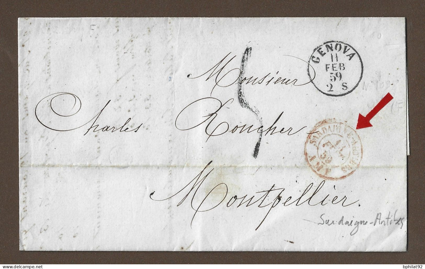 !!! MARQUE D'ENTRÉE SARDAIGNE PAR ANTIBES, AU DÉPART DE GÊNES, POUR MONTPELLIER DE 1859 - Sardinien