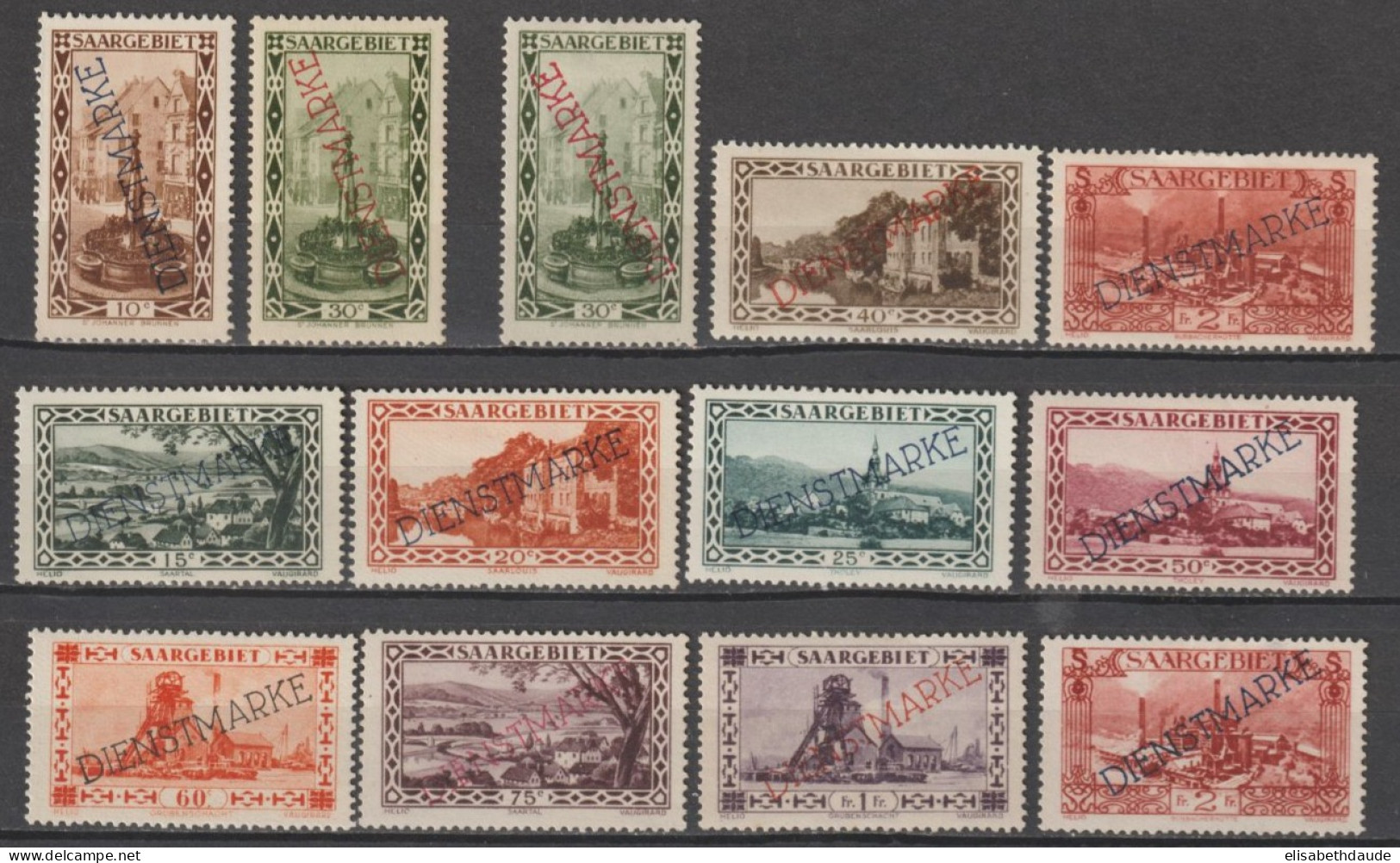 SARRE - 1927 - SERVICE - SERIE COMPLETE YT N°16/26 * MLH + VARIETES SURCHARGE 32° AU LIEU DE 23° - COTE > 80 EUR. - Unused Stamps