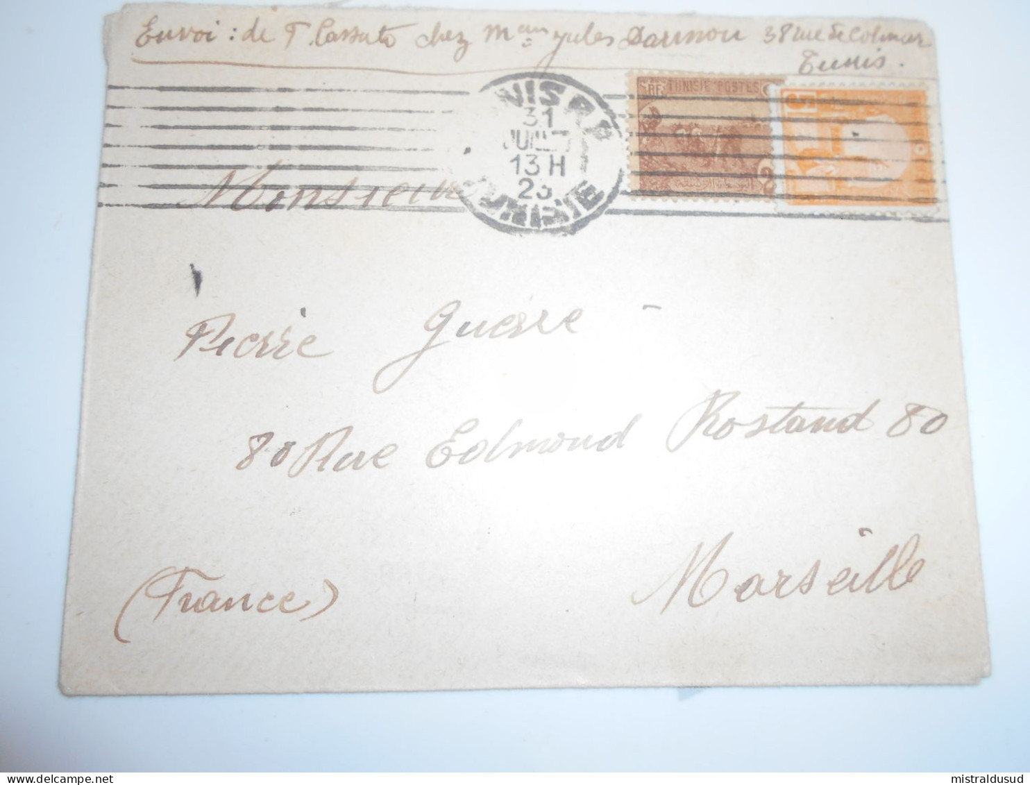 France Ex Colonies Tunisie , Lettre Tunis 1923 Pour Marseille - Brieven En Documenten