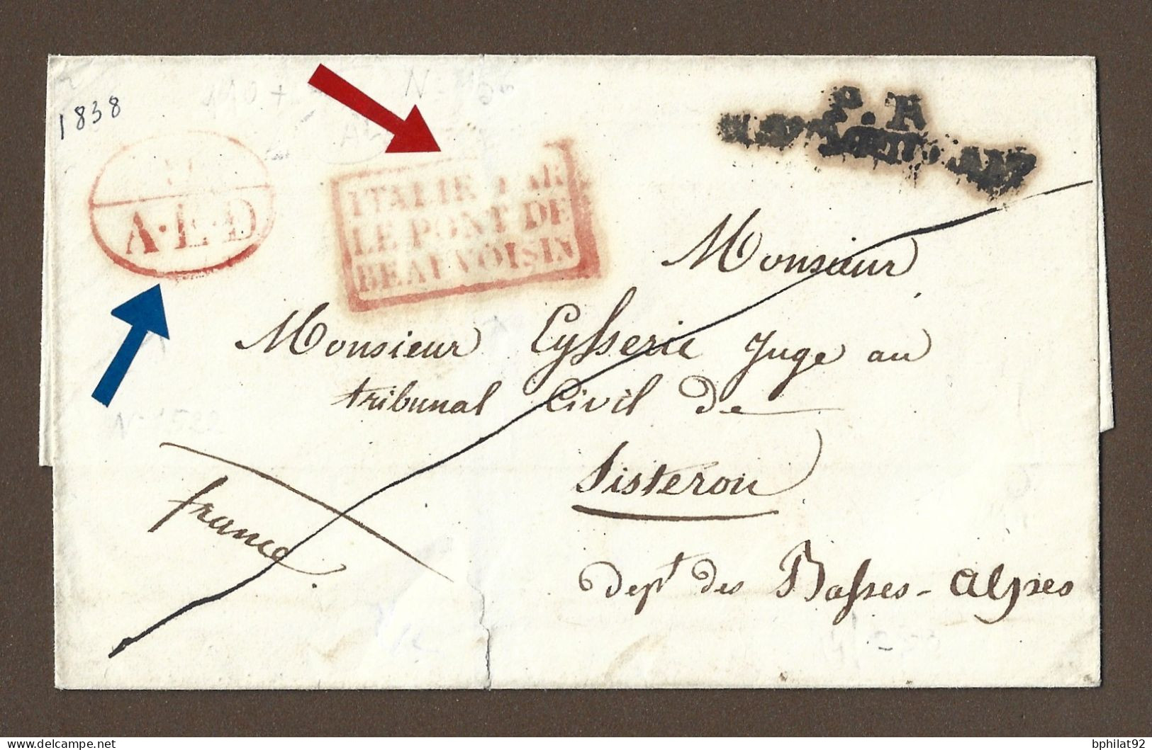 !!! MARQUE D'ENTRÉE ITALIE PAR LE PONT DE BEAUVOISIN, POUR LA FRANCE, DE 1838 - Entry Postmarks