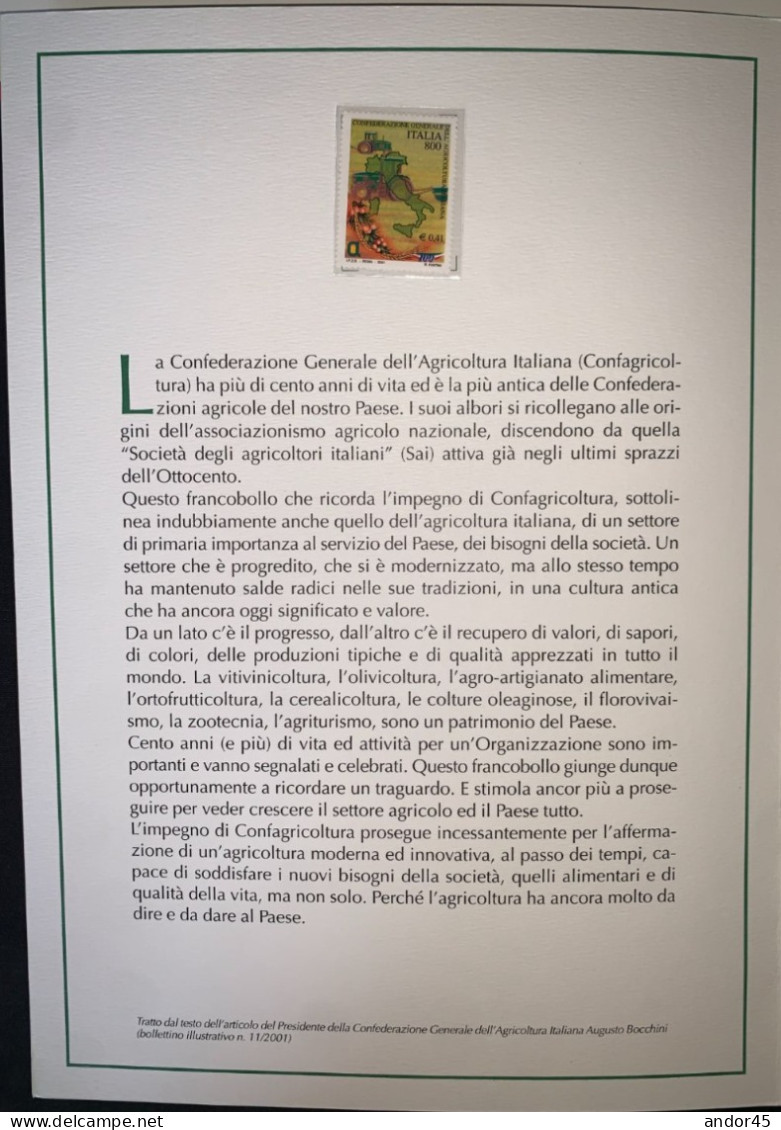 FOLDER "CONFEDERAZIONE GENERALE DELL'AGRICOLTURA ITALIANA"CON ALL'INTERNO FRANCOBOLLO SINGOLO+CARTOLINA E BUSTA FDC - Folder