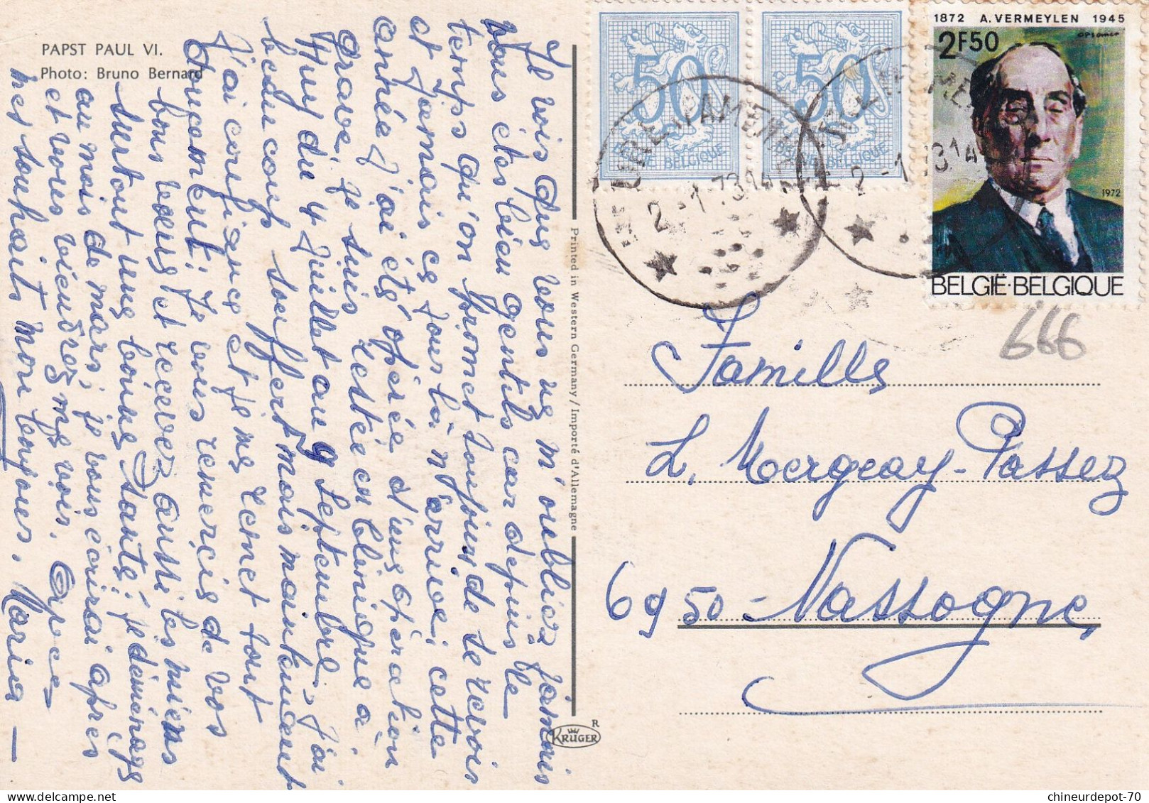 Belgique Cachet Etoiles Papst Paul Pape - Postmarks With Stars